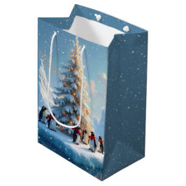 Bolsa De Regalo Mediana Pingüinos reunidos alrededor de un árbol de Navida