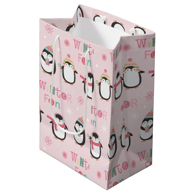 Bolsa De Regalo Mediana Pingüinos rosados | Navidades divertidos de invier (Angulo Anverso)