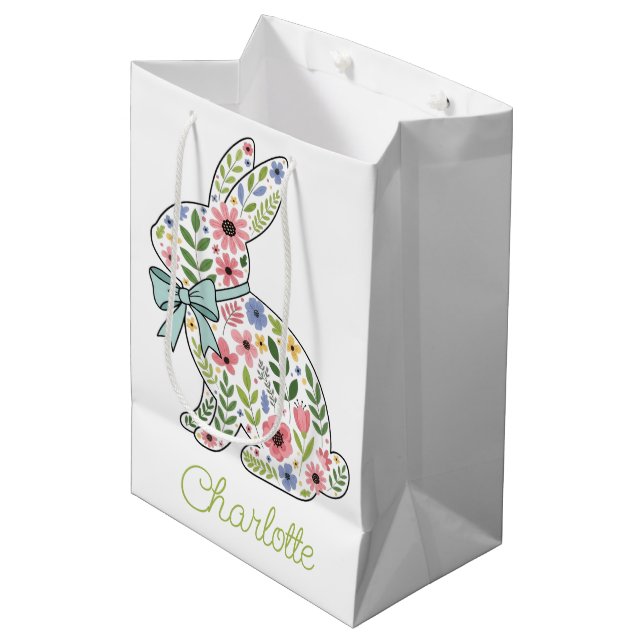 Bolsa De Regalo Mediana Pink and Blue Wildflower Easter Rabbit (Angulo Anverso)