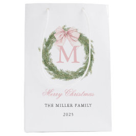 Bolsa De Regalo Mediana Pink Bow Monogram Wreath Christmas