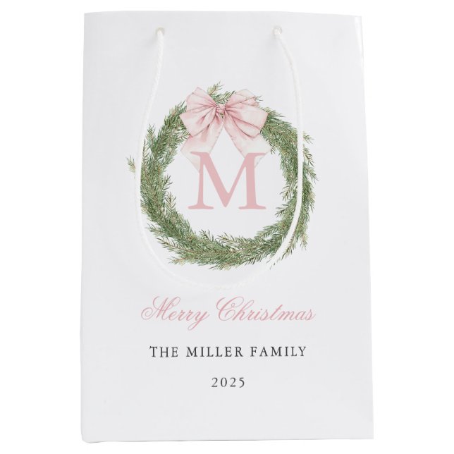 Bolsa De Regalo Mediana Pink Bow Monogram Wreath Christmas (Anverso)