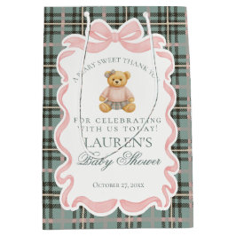 Bolsa De Regalo Mediana Pink Coquette Bow Bear Plaid Baby Shower Favors