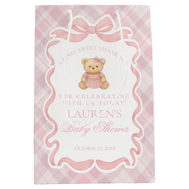 Bolsa De Regalo Mediana Pink Coquette Bow Bear Plaid Baby Shower Favors (Anverso)