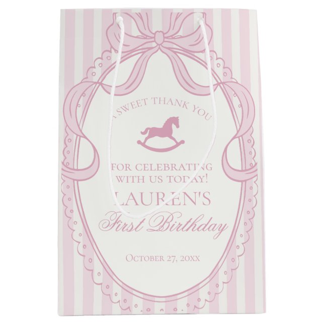 Bolsa De Regalo Mediana Pink Coquette Bow Rocking Horse Birthday Favors (Anverso)