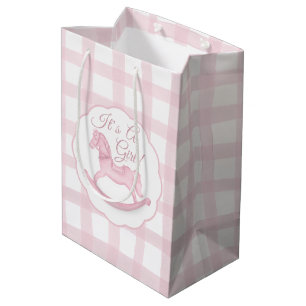 Bolsa De Regalo Mediana Pink Gingham Rocking Horse Chica Baby Gift Bag
