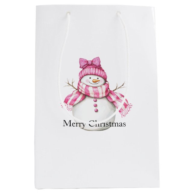Bolsa De Regalo Mediana Pink Glam Snowman Snowwoman Christmas (Anverso)