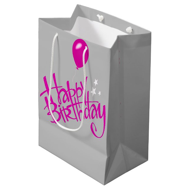 Bolsa De Regalo Mediana Pink Happy Birday on Grey (Angulo Anverso)