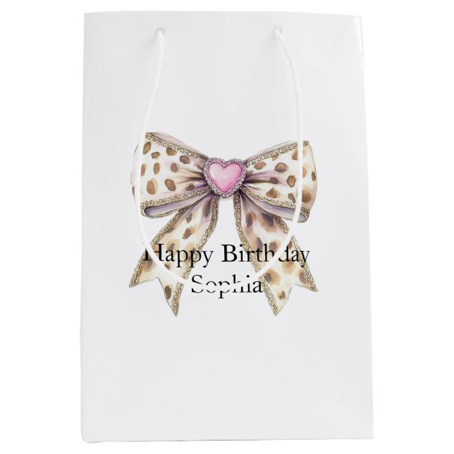 Bolsa De Regalo Mediana Pink Heart Leopard Girly Bow Cumpleaños (Anverso)