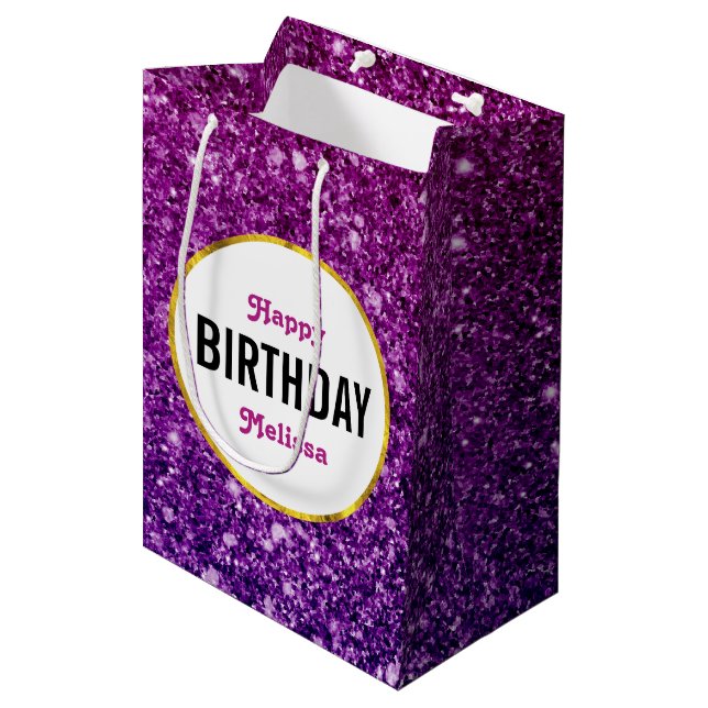Bolsa De Regalo Mediana Pink & Purple Sparkling Purpurina Gemstones Cumple (Angulo Anverso)