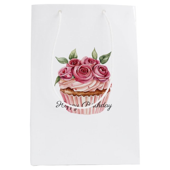 Bolsa De Regalo Mediana Pink Roses Floral Cupcakes Birthday (Anverso)