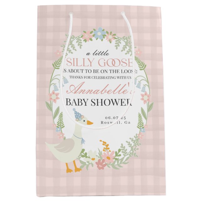Bolsa De Regalo Mediana Pink Silly Goose Floral Gingham Baby Shower Favor (Anverso)