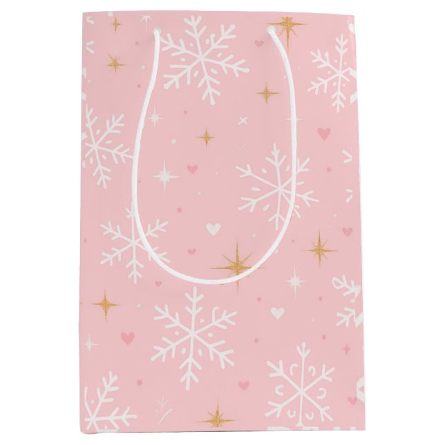 Bolsa De Regalo Mediana Pink Snowflake & Gold Sparkle Christmas Gift Bag  (Anverso)