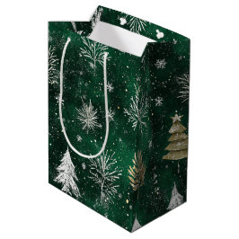 Bolsa De Regalo Mediana Pinos dorados Copos de nieve plateados Hunter Gree