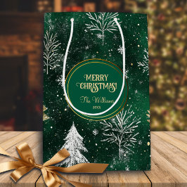 Bolsa De Regalo Mediana Pinos dorados Copos de nieve plateados Hunter Gree