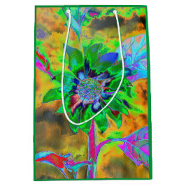 Bolsa De Regalo Mediana Pintura abstracta de girasol retro de oro verde
