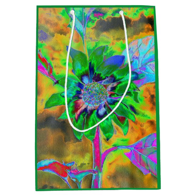 Bolsa De Regalo Mediana Pintura abstracta de girasol retro de oro verde (Anverso)