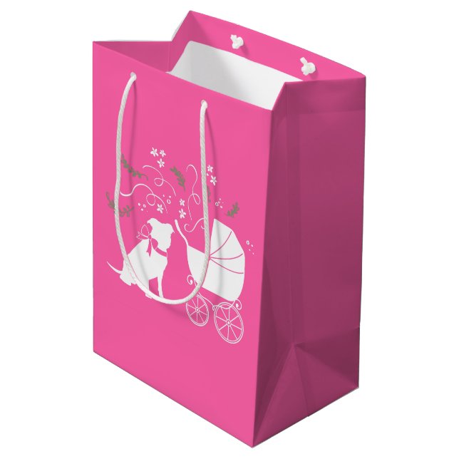 Bolsa De Regalo Mediana Pitbull, Chica rosado de Baby Shower Bulldog Pit (Angulo reverso)