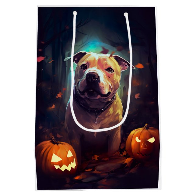 Bolsa De Regalo Mediana Pitbull De Halloween Con Calabazas Asustadas (Reverso)