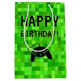 Bolsa De Regalo Mediana Píxeles de juego verde | Fiesta de cumpleaños del 