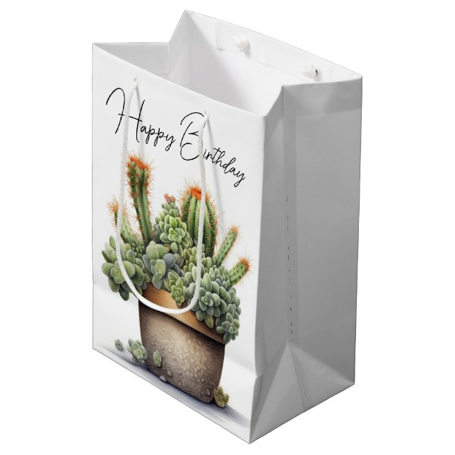 Bolsa De Regalo Mediana Plantas de cacti de cumpleaños en la olla (Angulo Anverso)