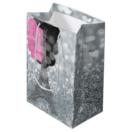Bolsa De Regalo Mediana Plata Brillo y Globos París Fiesta Torre Eiffel