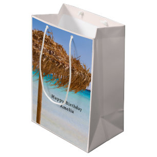 Bolsa De Regalo Mediana Playa Tropical Escénica con Cumpleaños de Paraguas