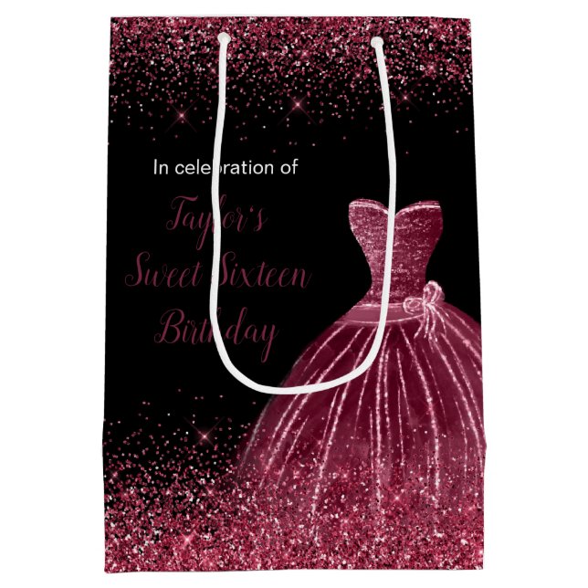 Bolsa De Regalo Mediana Plum Vestido púrpura Faux Purpurina Sweet 16 Cumpl (Reverso)