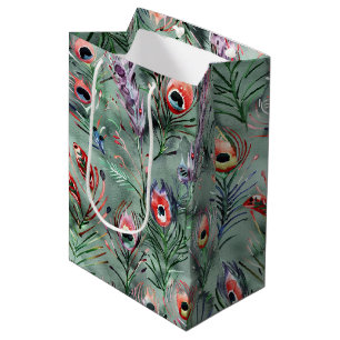 Bolsa De Regalo Mediana Plumas de Pavo Real Verdes Rojos Cumpleaños