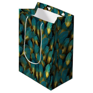 Bolsa De Regalo Mediana Plumas Elegantes Verde Teal Dorado