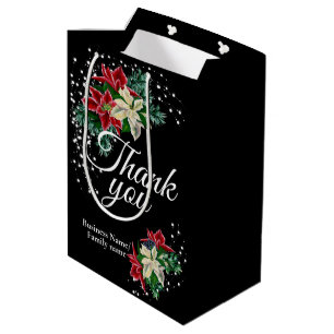 Bolsa De Regalo Mediana Poinsettia Floral Negra Agradecimiento Gracias