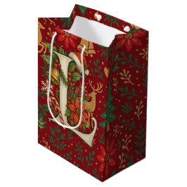 Bolsa De Regalo Mediana Poinsettia, Initial L Letter Reindeer Medium Gift 