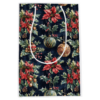 Bolsa De Regalo Mediana Poinsettias y Adornos Doble Cara