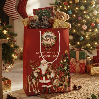 Bolsa De Regalo Mediana Polo Norte Santa Reno Navidad Nombre Personalizado