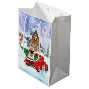Bolsa De Regalo Mediana Poniendo Perro En La Nieve Del Camión De Entrega D