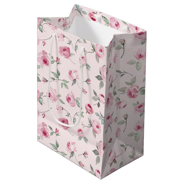 Bolsa De Regalo Mediana Precioso baño de novia floral de rosas rosadas (Angulo Anverso)