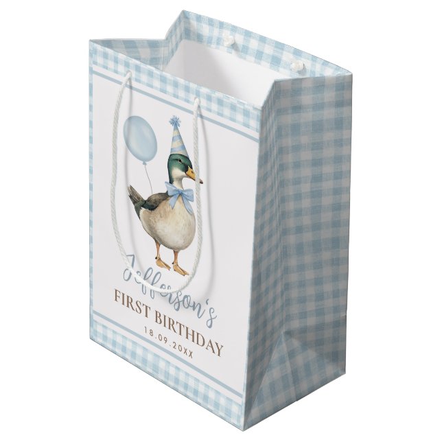 Bolsa De Regalo Mediana Preppy Blue One Lucky Duck Primer Fiesta de cumple (Angulo reverso)