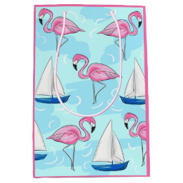 Bolsa De Regalo Mediana Preppy de barco de vela azul Flamingo rosa