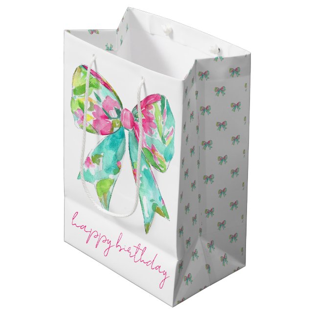 Bolsa De Regalo Mediana Preppy Pink and Green Bows Personalizados (Angulo Anverso)