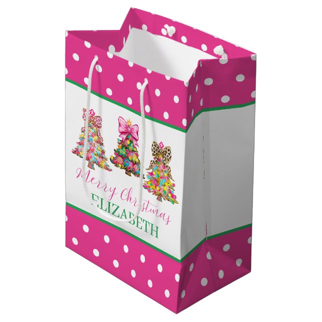Bolsa De Regalo Mediana Preppy Pink and Green Christmas Trees (Angulo Anverso)