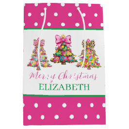 Bolsa De Regalo Mediana Preppy Pink and Green Christmas Trees