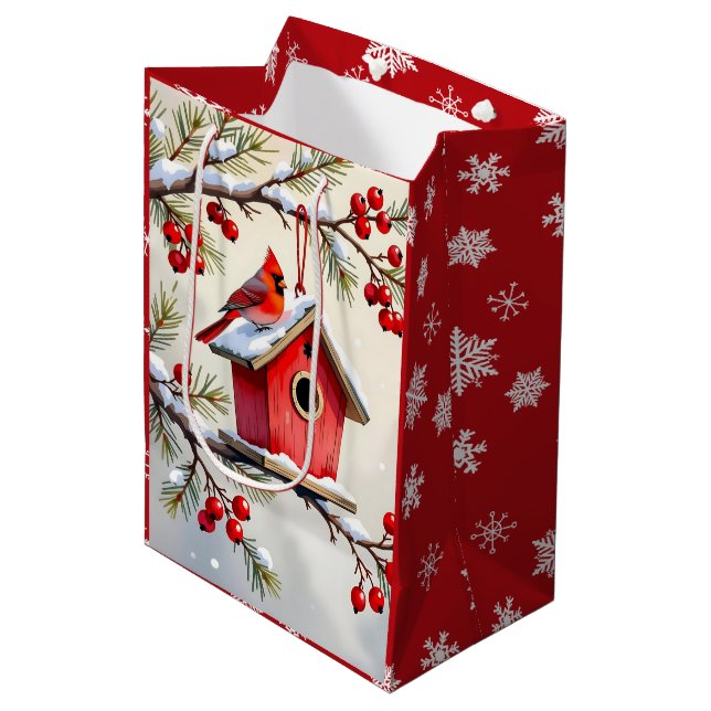 Bolsa De Regalo Mediana Pretty Christmas Cardinal & Birdhouse Snowflakes (Angulo Anverso)