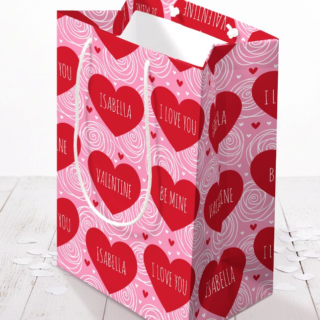 Bolsa De Regalo Mediana Pretty Love Heart Custom Text Modern Valentines (Subido por el creador)