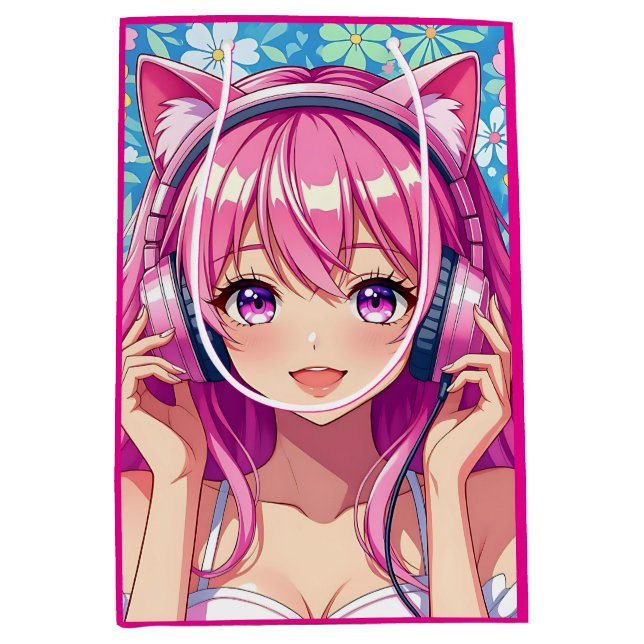 Bolsa De Regalo Mediana Pretty Pink Anime Girl's Birthday Party (Anverso)