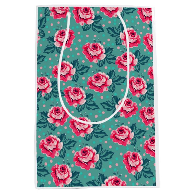 Bolsa De Regalo Mediana Pretty Pink Roses and Polka Dot Pattern on Teal (Anverso)