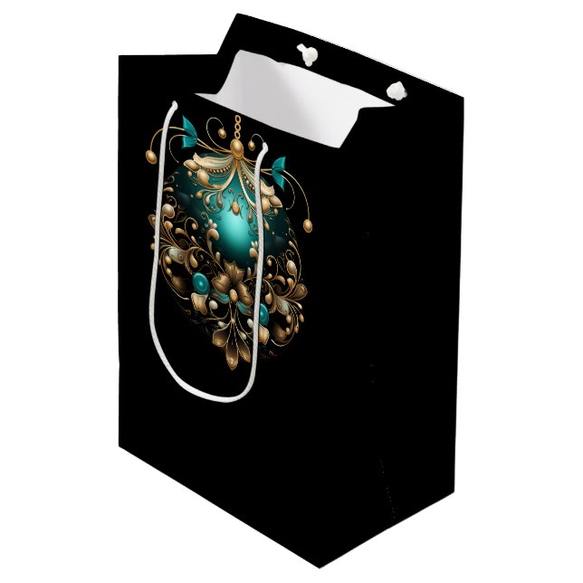 BOLSA DE REGALO MEDIANA PRETTY TEAL AND GOLD CHRISTMAS ORNAMENTS (Angulo Anverso)