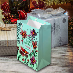 BOLSA DE REGALO MEDIANA PRIMAVERA ÚNICA DOODLE ROJO FLORES CUMPLEAÑOS