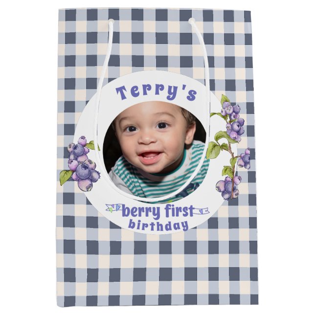 Bolsa De Regalo Mediana Primer cumpleaños de Blueberry Berry (Anverso)