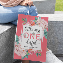 Bolsa De Regalo Mediana Primer cumpleaños de Floral Rosa