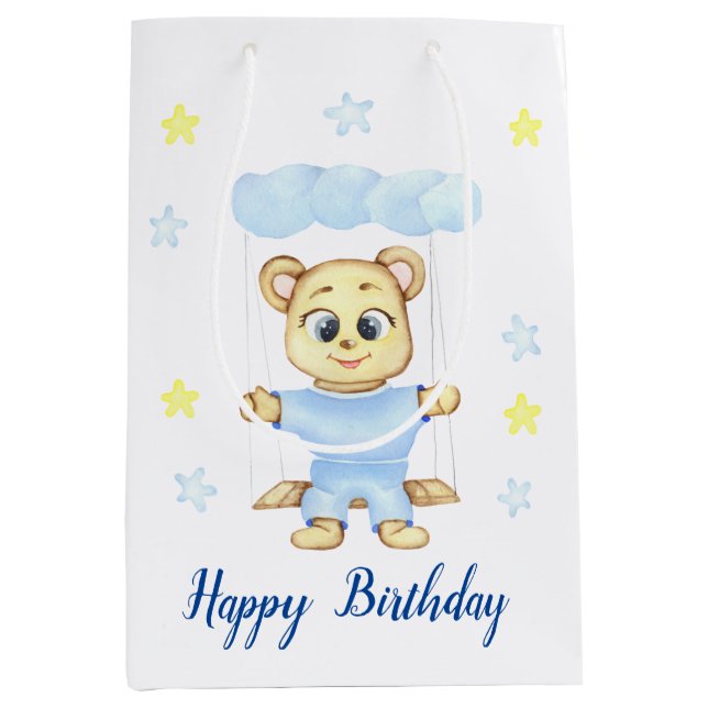 Bolsa De Regalo Mediana Primer cumpleaños personalizado Teddy Bear Boy (Anverso)