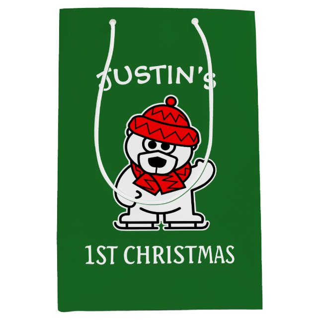 Bolsa De Regalo Mediana Primer Navidad del bebé lindo oso polar personaliz (Anverso)